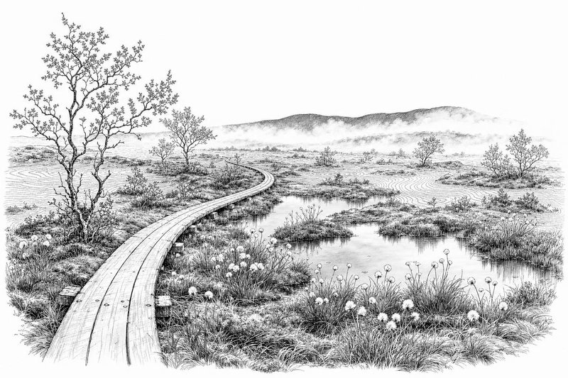 Dessin à l'encre d'un ponton qui serpente entre des mares et des linaigrettes, brume au loin
