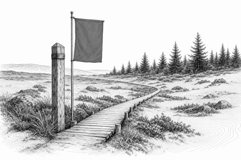 Dessin à l'encre d'un poteau et d'un mât portant un drapeau au départ d'un ponton de planches