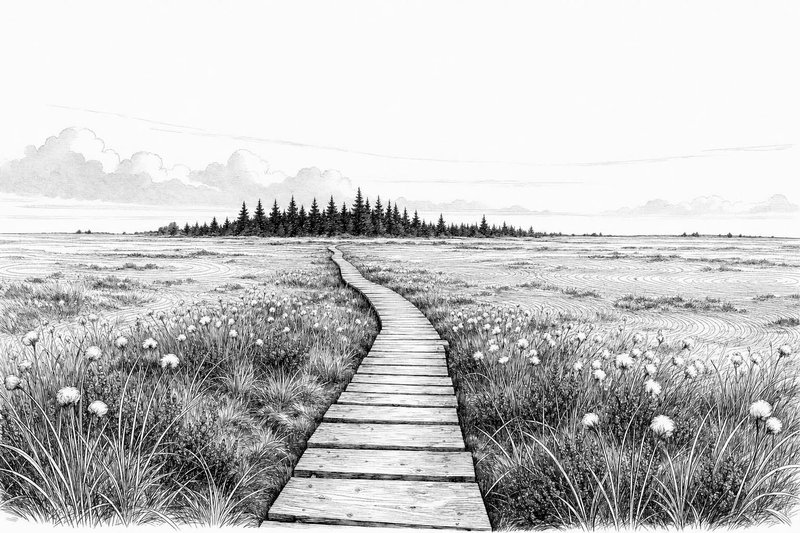 Dessin à l'encre d'un ponton de planches qui traverse la fagne, avec un liseré d'épicéas à l'horizon