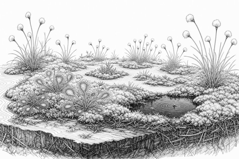 Dessin à l'encre de la surface d'une tourbière : sphaignes, droséras, linaigrettes et une petite mare