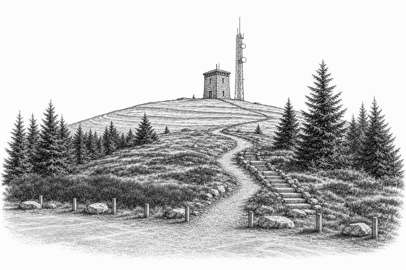 Dessin à l'encre d'une butte de lande avec une petite tour de pierre, un mât, un escalier de pierre et un chemin